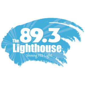 The Lighthouse WECC FM Logo. Wave crashing with frequency & The Lighthouse in text.